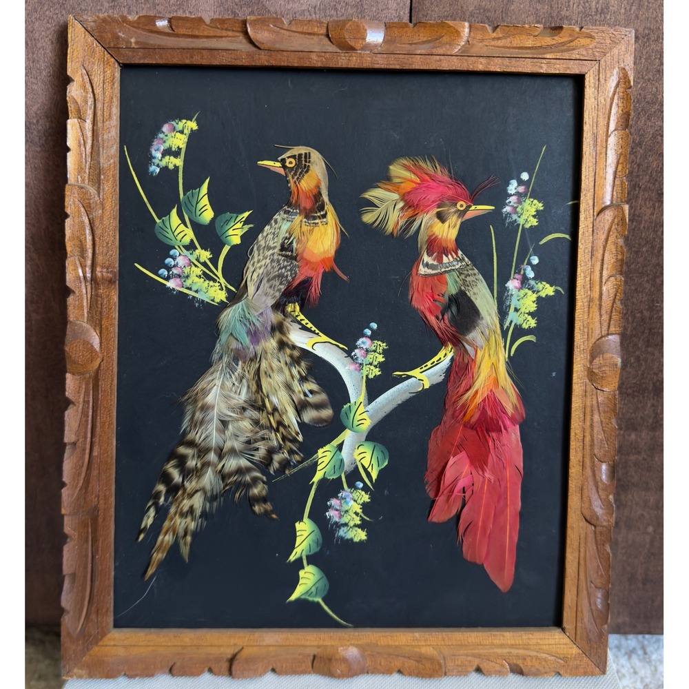 Vintage Mexican Feather Art Bird Carved Wood Frame Hand Made Hecho En Mexico